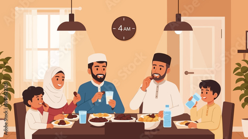 A Muslim family enjoys a festive meal together, celebrating togetherness and cultural traditions