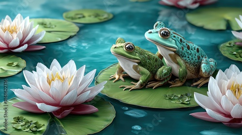 Two vibrant frogs sit on lily pads amidst serene water and flowers, showcasing nature's beauty and tranquility.