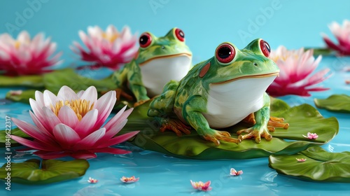 Two vibrant frogs sit on lily pads surrounded by beautiful pink flowers in a serene pond setting.
