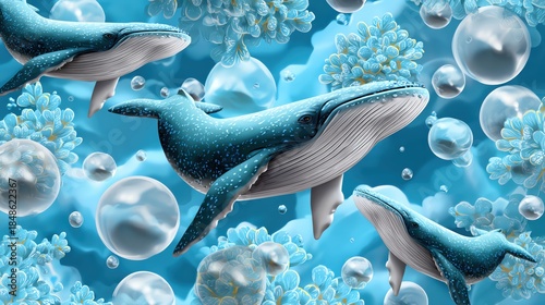Underwater scene featuring majestic whales surrounded by bubbles, creating a serene and vibrant ocean atmosphere.