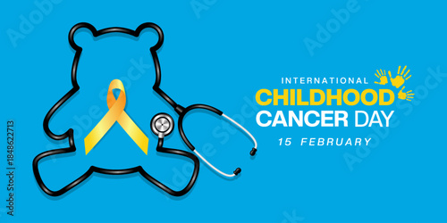 February 15 is International Childhood Cancer Day. Teddy bear shape stethoscope and ribbon. Great for cards, banners, posters, social media and more. Blue background.  