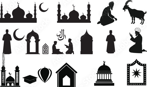 A collection of black silhouettes depicting Islamic architecture, prayer, and religious symbols on a white background.
