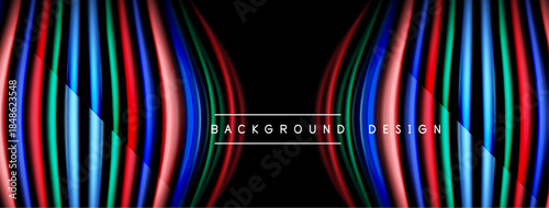 Abstract design features vibrant lines, curves. Dark background emphasizes colorful, flowing shapes. Modern aesthetic, dynamic composition.