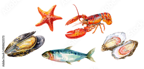 Watercolor seafood set with fish, mussels, and marine delicacies. Hand-drawn ocean food illustration featuring fresh sardines, lobsters, and shellfish on blue background.