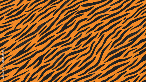 A vibrant and dynamic abstract pattern featuring bold black stripes on a bright orange background, evoking the iconic tiger print.