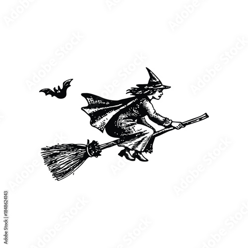 Black and white vintage witch illustration flying on a broomstick vintage style retro vector art