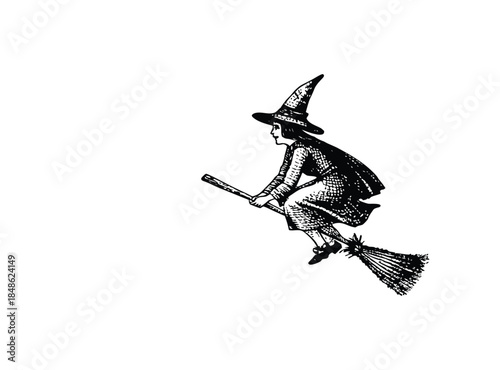 Black and white vintage witch illustration flying on a broomstick vintage style retro vector art