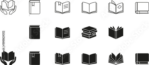 Book icons collection, education symbols, reading graphics, library illustrations, open book, closed book, bookmark, stacked books, outline, filled