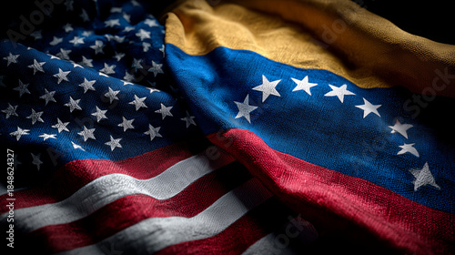 us flag and venezuelan flag waving together. relations between usa and venezuela. trade partner cooperation investments partnership agreements