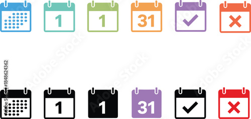 calendar icons, date symbols, UI elements, scheduling graphics, planner interface, event markers, digital calendar, app design, black icons, colorful icons