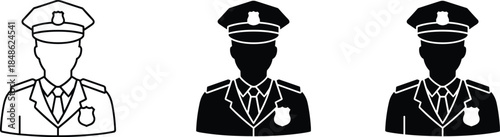 Police officer icon set, law enforcement symbols, uniformed personnel graphics, security service illustration, authority figure avatar, public safety design