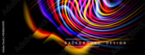 Abstract vibrant lines create dynamic flow. Colorful curves blend with dark background. Modern design elements present sleek visual impact.