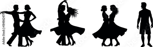 Dance couple silhouette vector set featuring ballroom partners and solo dancer in elegant motion poses isolated on white background for performance and event design