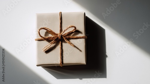 A single minimalist Christmas gift placed on clean white background with subtle shadows, modern commercial style.
