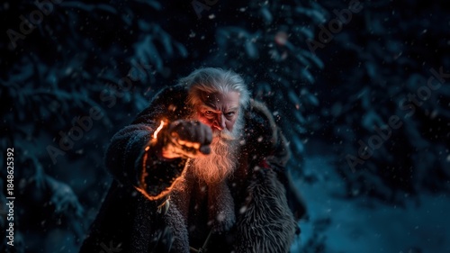 Santa superhero in dramatic scene with intense stare and glowing embers against snowy forest for cinematic holiday action portrait