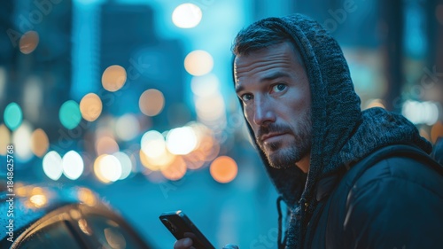 A focused man in modern streetwear jacket holding a phone on a city street at dusk, with moody blue and orange bokeh lights and cars in the background, conveying an urban lifestyle and technology vibe
