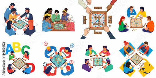Diverse groups of friends and adults playing competitive word board games. Engaging in recreational, educational, and social indoor activities illustration set.