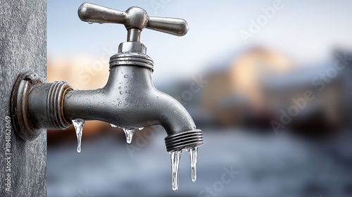 A faucet with ice on it. The water is dripping from the faucet. The image has a mood of coldness and discomfort