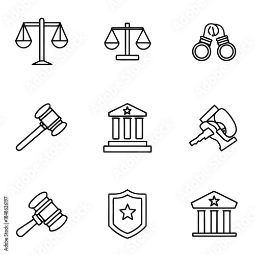 A collection of legal icons including scales of justice, handcuffs, and a gavel.