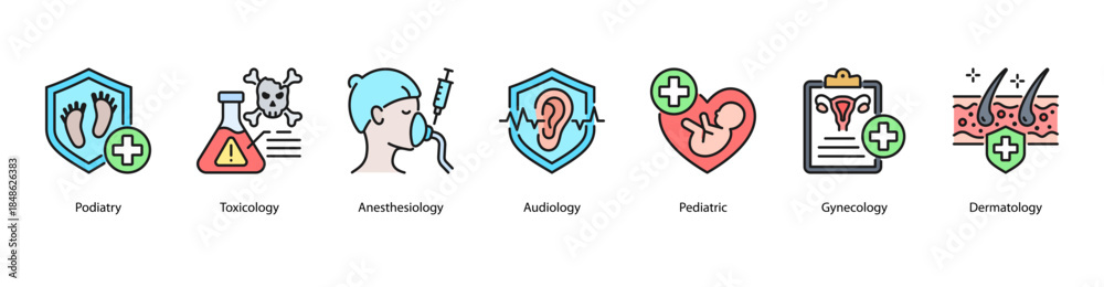 Obraz premium Clinical Specialties web banner illustration featuring Podiatry, Toxicology, Anesthesiology, Audiology, Pediatric, Gynecology, and Dermatology.