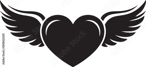 Black silhouette of a heart with spread wings on a white background