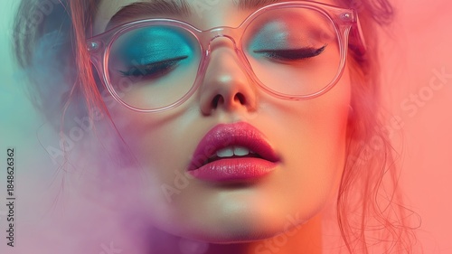 Young woman's face with glossy pink lips, colorful green and pink eyeshadow, and dreamy smoke or vape clouds surrounding her on pastel background