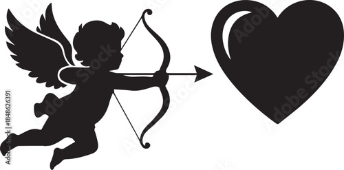 Cupid silhouette aiming arrow at large black heart symbol