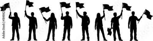 People holding flags silhouette vector illustration showing group of men and women waving flags isolated on white background for protest, celebration, and political concept design
