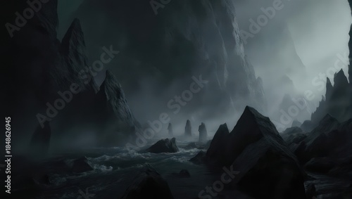 Misty, dark landscape of jagged rocks and turbulent water