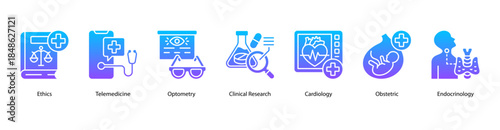 Modern Medical Practice web banner illustration featuring Ethics, Telemedicine, Optometry, Clinical Research, Cardiology, Obstetric, and Endocrinology.