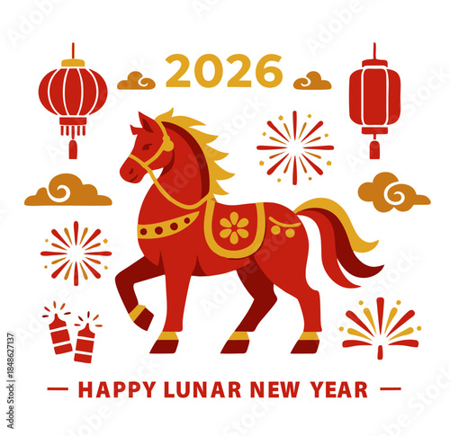 Year of the Horse 2026 Chinese New Year Flat Vector Silhouette with Traditional Oriental Clouds and Floral Decorative Accents