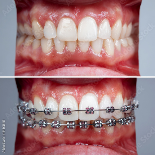 before and after with metallic dental braces installed on the teeth.