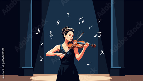 A woman in a black dress plays the violin on a stage with musical notes floating around her.