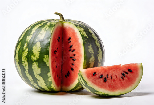 Whole Watermelon with Fresh Slice Isolated on White Background, Juicy Summer Fruit
