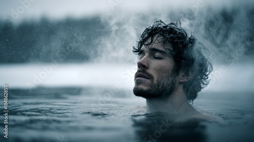 man practicing cold water immersion in icy winter lake surrounded by snow covered forest during serene meditation.
