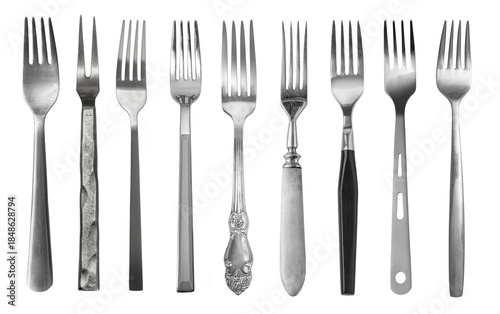 Quadro em tela elevated photograph of a set of antique silver forks arranged in a row against a plain transparent background, shot in a studio with dramatic lighting