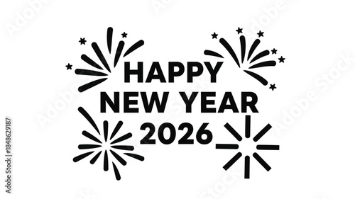 Festive new year celebration with fireworks and text in black silhouette