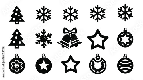 Festive winter icons including christmas tree snowflakes and ornaments silhouette