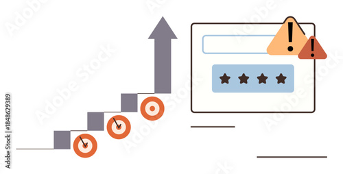 Upward graph with steps and goals, alongside a user rating system with caution alerts. Ideal for progress, challenges, analysis, feedback, risk, performance, simple flat metaphor