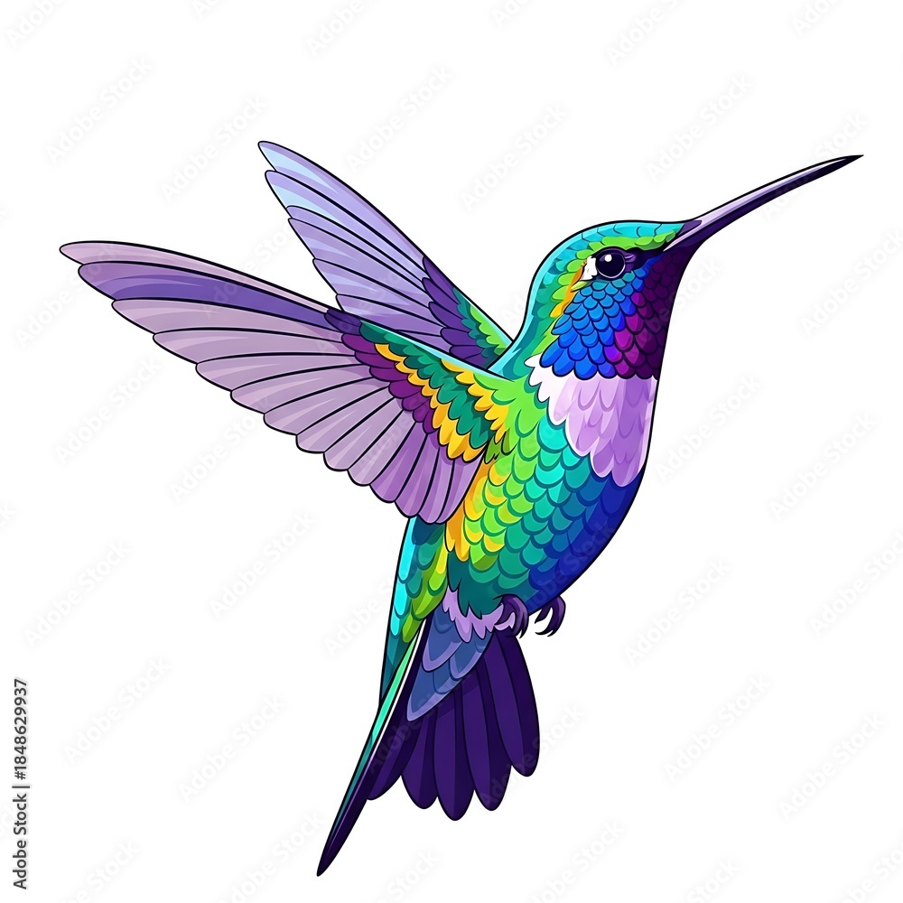 Obraz premium A vibrant illustration depicts a hummingbird in full flight, showcasing iridescent plumage in shades of green, purple, and blue