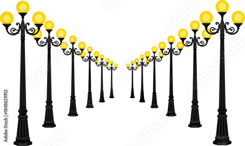 Symmetrical street lamps glowing at night, urban lighting perspective, vintage lamp posts, depth and symmetry, architectural outdoor illumination scene