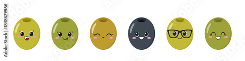 Set cute olive, fun cartoon character, happy smiling face, emotions joy delight, big eyes, kawaii style, flat vector illustration.