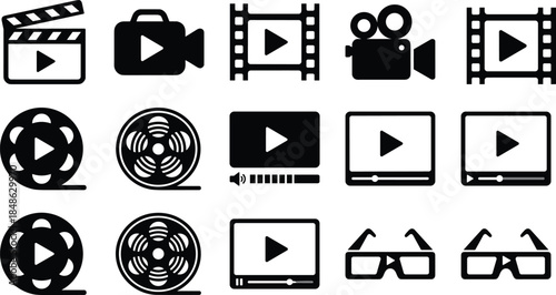 Video media icon set, film reel, clapperboard, camera, player interface, 3D glasses, black vector design, playback symbols, cinema tools
