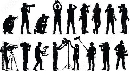 Photography videography silhouette, media crew icons, black vector, camera operator, boom mic, lighting setup, film production, creative scene