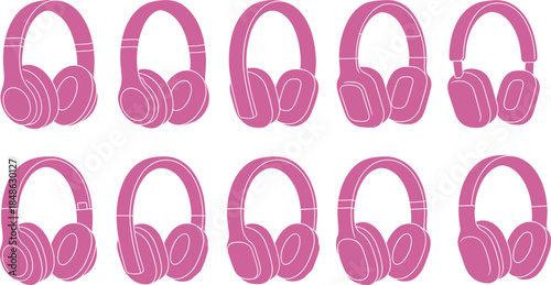Pink headphones icon set, over-ear design, audio gear, music accessory, modern style, vector illustration, earcup variation, tech concept