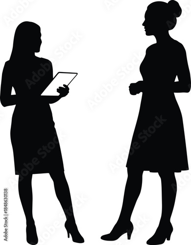 Professional women silhouette, business interaction, formal posture, black illustration, workplace communication, standing figures, clipboard, white background, icon