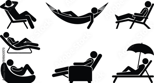 Relaxing silhouette icons, leisure poses, seating styles, black illustration, comfort lifestyle, hammock, lounge chair, umbrella, white background