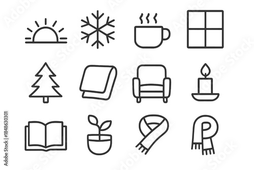 Snowy Sunrise Icons. Snowy sunrise moment. Line outline icon set of Snowy sunrise moment: sun rising,