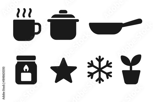 Warm Kitchen Icons. Warm kitchen items. Filled icon set of warm kitchen items: mug, pot, pan, bowl, candle jar