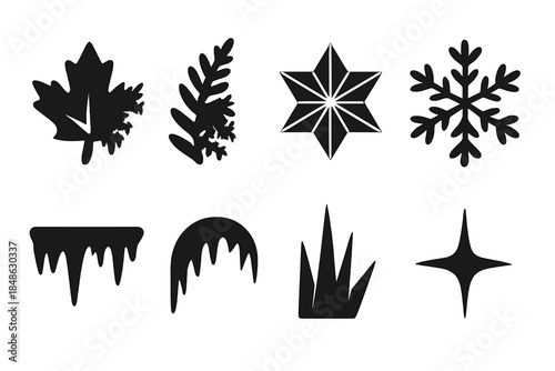 Frost Icon Set. Frost silhouette set. Filled icon set of frost silhouette set: leaf frost, fern frost, crystal